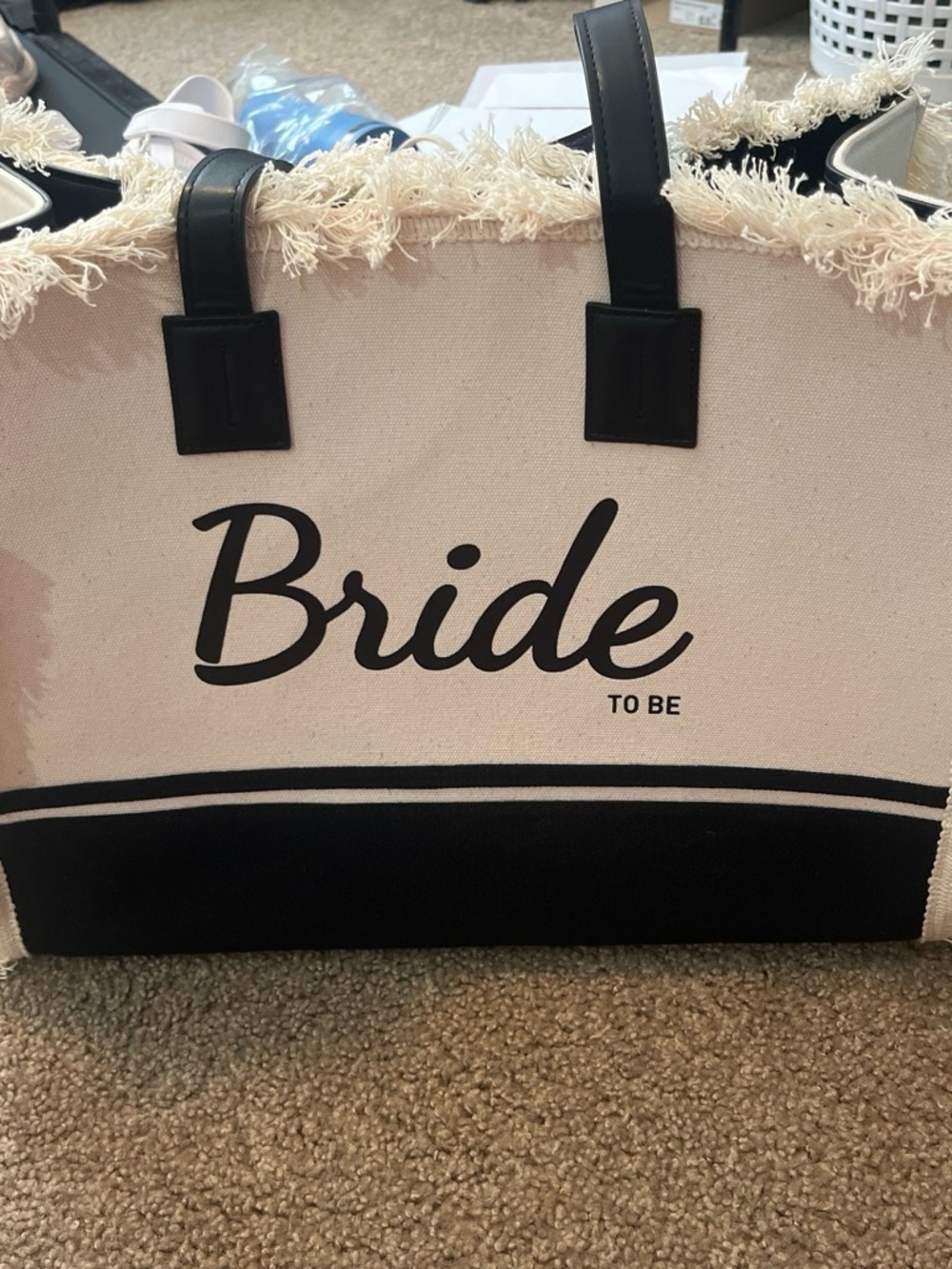 Bride To Be Canvas Tote Bag in Cream and Black